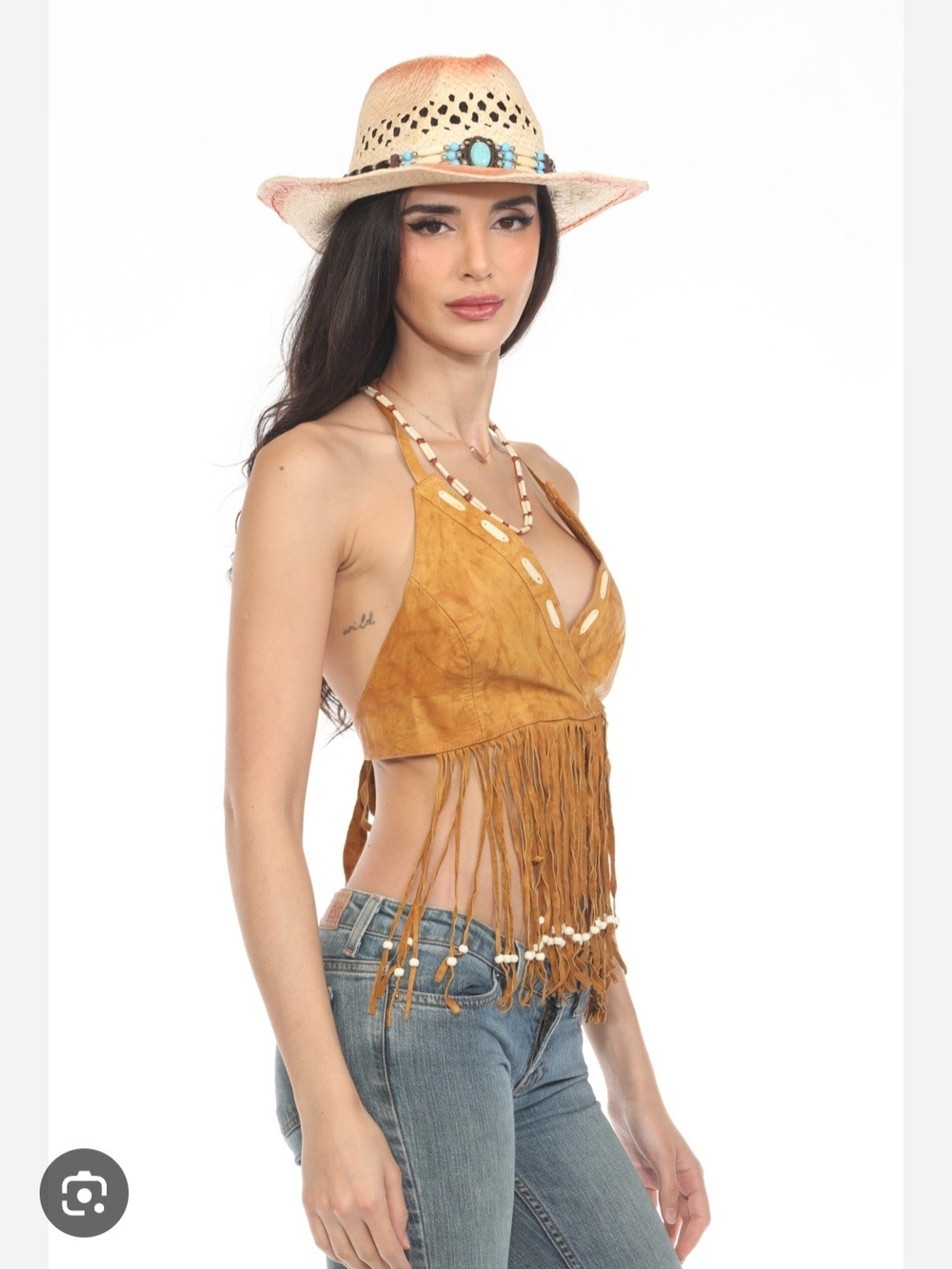 Kobler Inc Fringe Leather Halter Crop Top in Tan W/fringe And Bone Beads